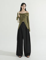 Off-Shoulder Ribbed Slit Cardigan
