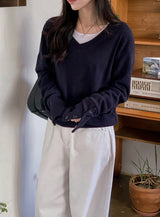 Cuff Button Deep V-neck Knit (2color)