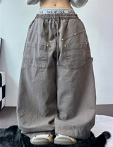 HIGH QUALITY🌌DOWN SNAP HIP PATCH RIVET PIGMENT BALLOON LONG PANTS 🤎3COLOR