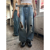 [Unisex] 膝下ダメージワイドデニムパンツ
