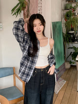 #Deep Blue Vintage Check Loose Shirt