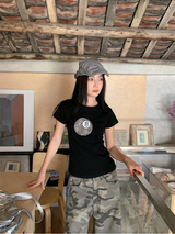 Black Round Leopard Spandex Short-Sleeved T-Shirt