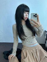 FLEECE❤SIDE SHIRRING STRIPE CROPPED LONG SLEEVE T SHIRT 🧸🤎🩶🩵3COLOR