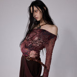 SHEISSHE/プリントメッシュストラクチャーオフショルダーロングスリーブTシャツ