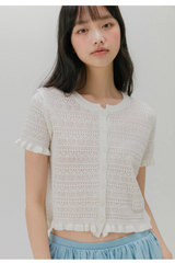 クロシェ ショートスリーブド ニット カーディガン (IVORY)