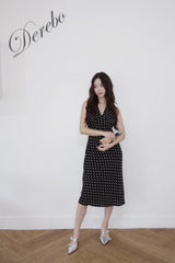 dot halter-neck sleeveless V-neck long dress