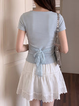 French-Inspired Lace Panel Lace-Up T-Shirt