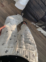 Lace ribbon banding wide pants