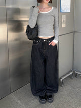 エミルバックバックルステッチローデニムワイドパンツ