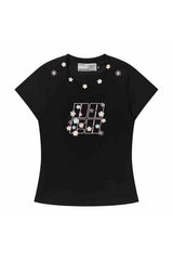フローラルエンブロイダードスリムTシャツ