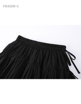 Double ribbon lace banding flare skirt black