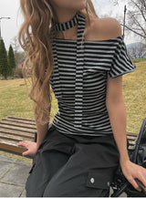 スコン ストライプ プレーン ワンショルダー リボン ショートスリーブ Tシャツ
