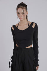 HALTER NECK SHIRRING TOP(BLACK)