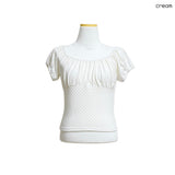 (3color) Dot Shirring Neck Off-Shoulder Puff Tee