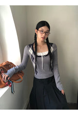 アーガイル スクエア ネック ロング スリーブ ニットTシャツ