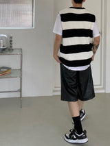 Stripe round neck knit vest 2C
