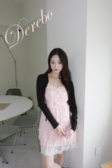 peach chiffon frill lace dress (cardigan set)