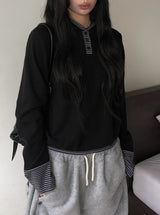 Chive Button Stripe Hood Brushed T-Shirt