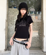 Untitled Frayed Embroidery Crop Short Sleeve Black