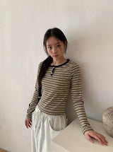 Mibat Stripe Henley Neck Long Sleeve Tee