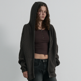 Rib Knit Hoodie Zip-Up - CHARCOAL
