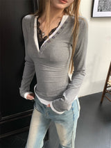 Lace Layered Long Sleeve V-Neck T-Shirt