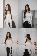 off-shoulder lace strap long-sleeve t-shirt