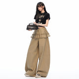 Layered Frill Detail Curved-Leg Casual Pants