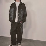 faux leather mix denim shirt_black