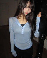 Pirun テンセルレイヤードボタンロングスリーブTシャツ