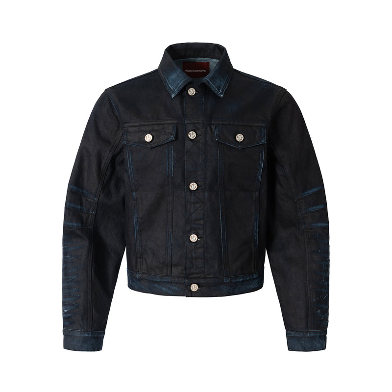 COATED KNIFE-SCRAPED HAND-WIPED DISTRESSED DENIM JACKET