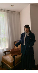 Renee Navy No Collar Round Half Coat