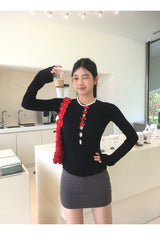Red bow slit long-sleeved knit shirt