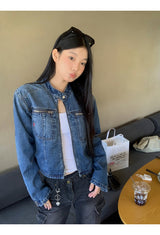 ノーカラーデニムビンテージジップアップジャケット