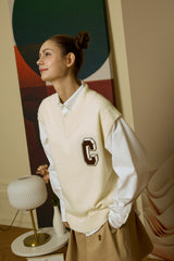 3D C Patch Ivory Knit Vest [Unisex]