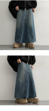 [S~XL] Purry rewashed cut denim long skirt