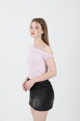 Off Shoulder Twist Half-Sleeve T-shirt Pink