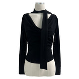 Tie shirring spandex drape long sleeve t-shirt (3 colors)