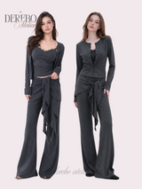 ロイヤル チャコール フリル トレーニング スリーピース セットアップ (Cardigan+Sleeveless+Pants)