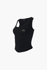 Womens ラウンドカバーステッチタンクトップ (Black)
