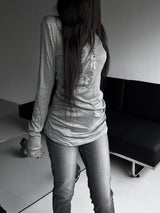 rika shirring V-neck printing T