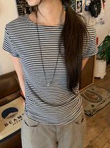Yurimo Stripe Boat Neck Short Sleeve Tee
