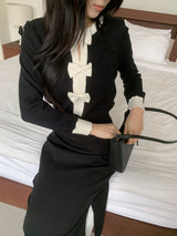 Quiet Bow Ribbon Trim Contrast Knit Long Sleeve Top
