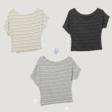 Soft and flexible half-off-shoulder striped short-sleeve T-shirt (3 colors)