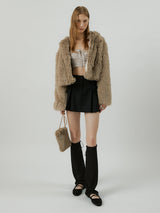 COMELY soft fur crop hoodie jacket [beige]