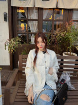 Tassel tweed loose fit no-collar jacket