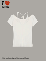 White lace halter layered short-sleeved T-shirt