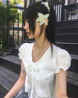 Yudo Tie Ribbon Puff Short-Sleeve Blouse