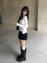 [Muffler set] Renu Cardigan Shirring Button Sleeveless Set
