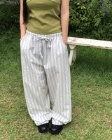 サテンリネンストライプワイドバンディングロングパンツ
